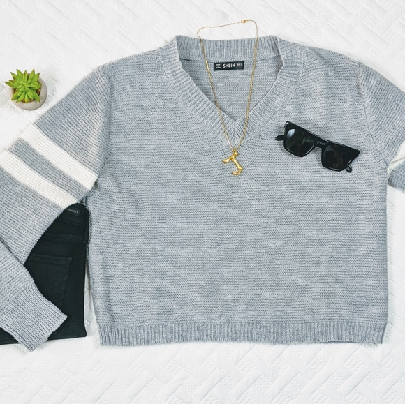 SHEIN Sweaters - Varsity Style Cropped Sweater Striped Grey